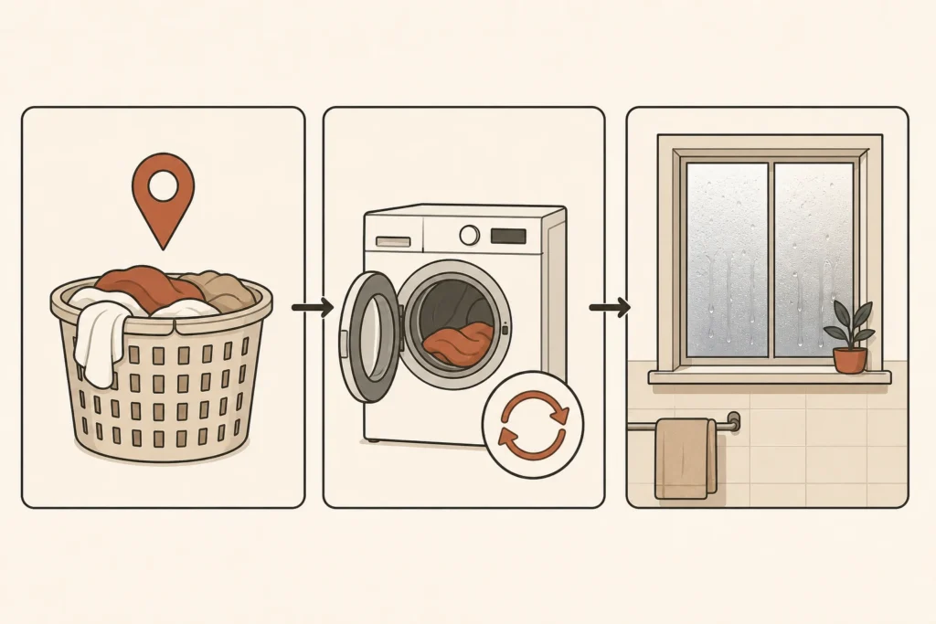 Three odor patterns show a localized object, an appliance cycle, and a damp room condition.
