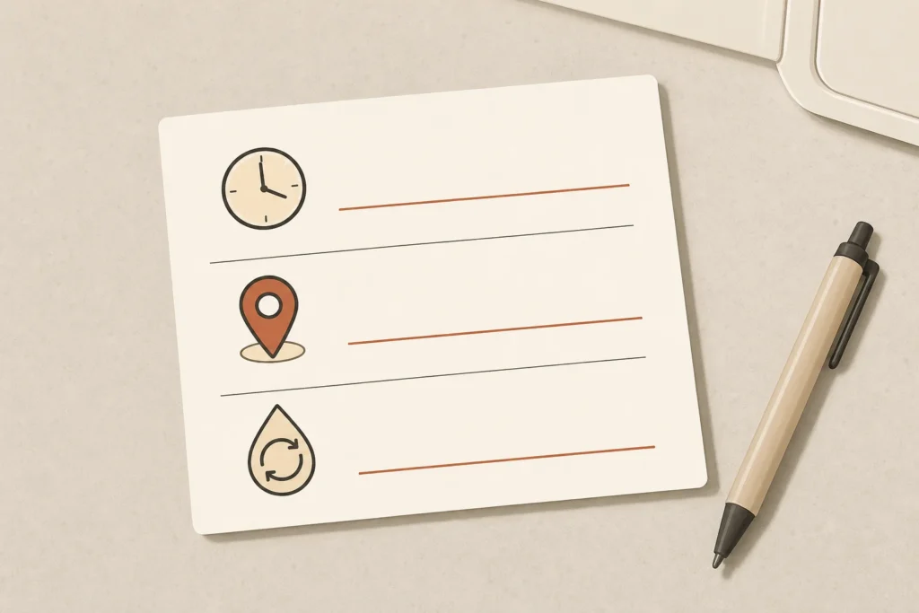 A note card tracks when an odor returns, where it is strongest, and what changed beforehand.