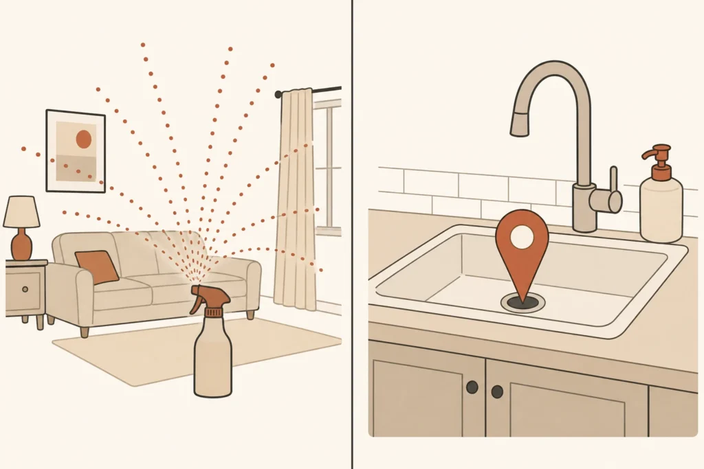 A comparison between covering a room with fragrance and locating the strongest odor point.