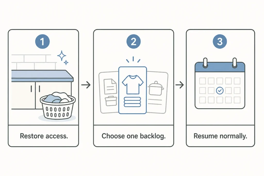 Three-step re-entry sequence: restore access, choose one backlog category, and resume the usual routine at the next natural cue.
