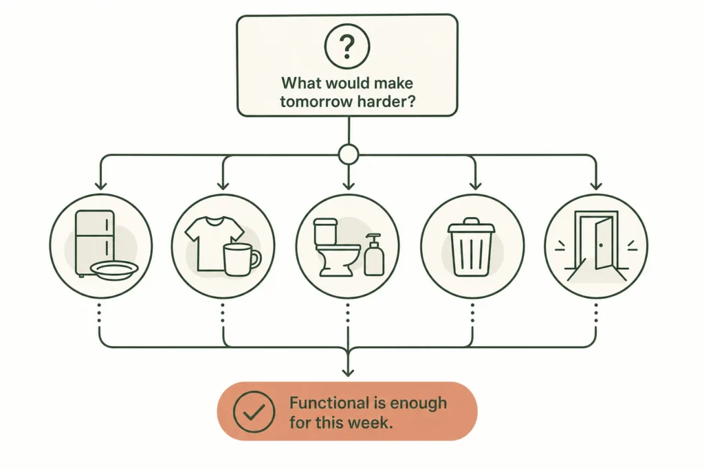 Decision flow showing the five household functions to protect during an overloaded week: food, next-day basics, bathroom use, trash, and clear paths.