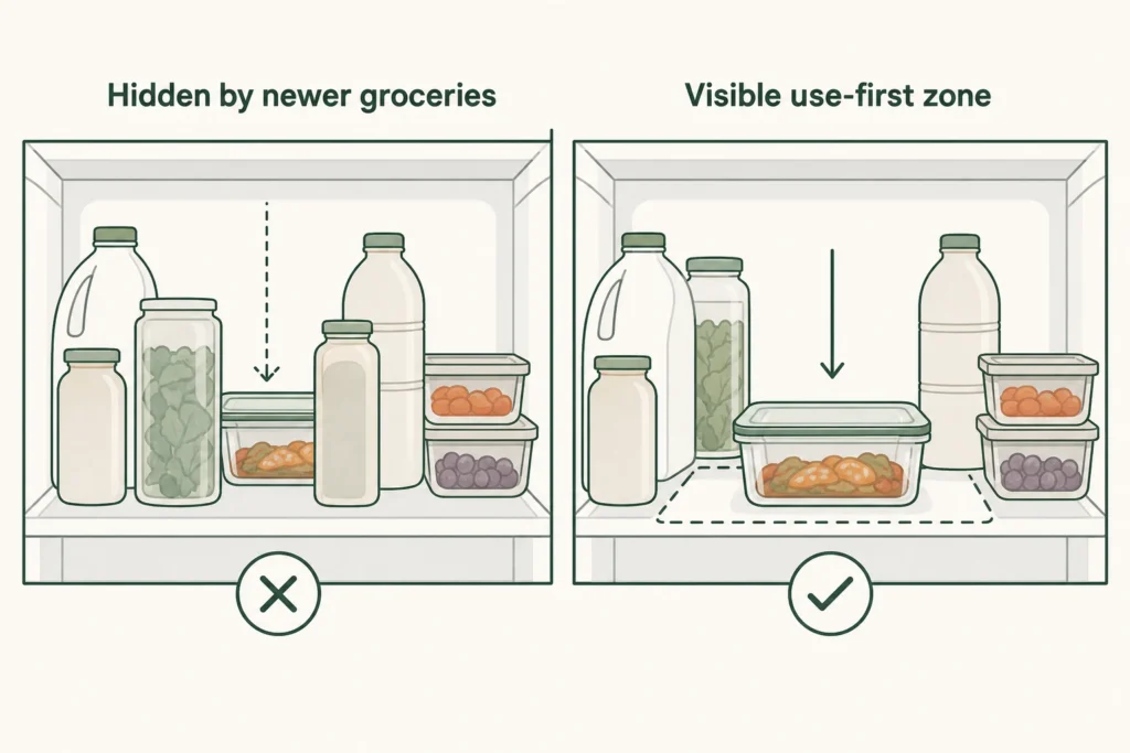 Comparison showing a leftover hidden behind new groceries versus placed visibly in a use-first zone.