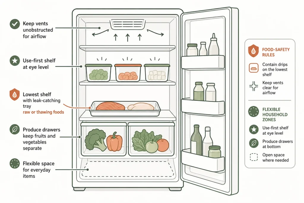 Diagram of a refrigerator layout showing raw foods contained on a lower shelf, a visible use-first shelf for leftovers, produce drawers, flexible storage, and clear vents.