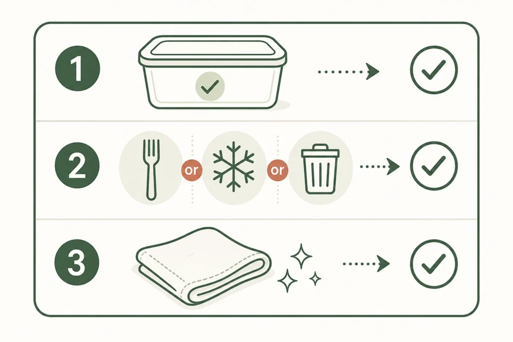 Three-step refrigerator restock checklist: check use-first foods, decide whether to use, freeze, or discard them safely, and wipe leaks before putting groceries away.