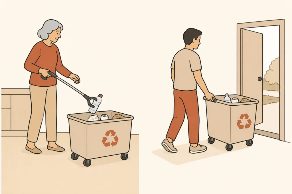 Two household members divide recycling work using a low rolling bin and a long-handled grabber.