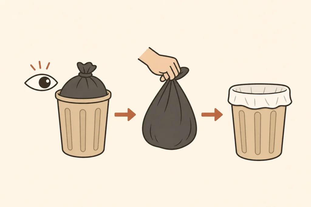 A sequence shows noticing a full trash bin, removing the bag, and fitting a new liner.