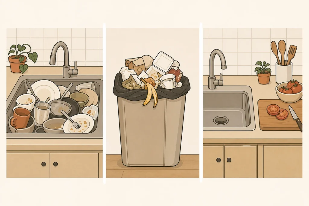 Three shared-home scenes contrast a blocked sink and full trash with a usable kitchen sink and prep area.