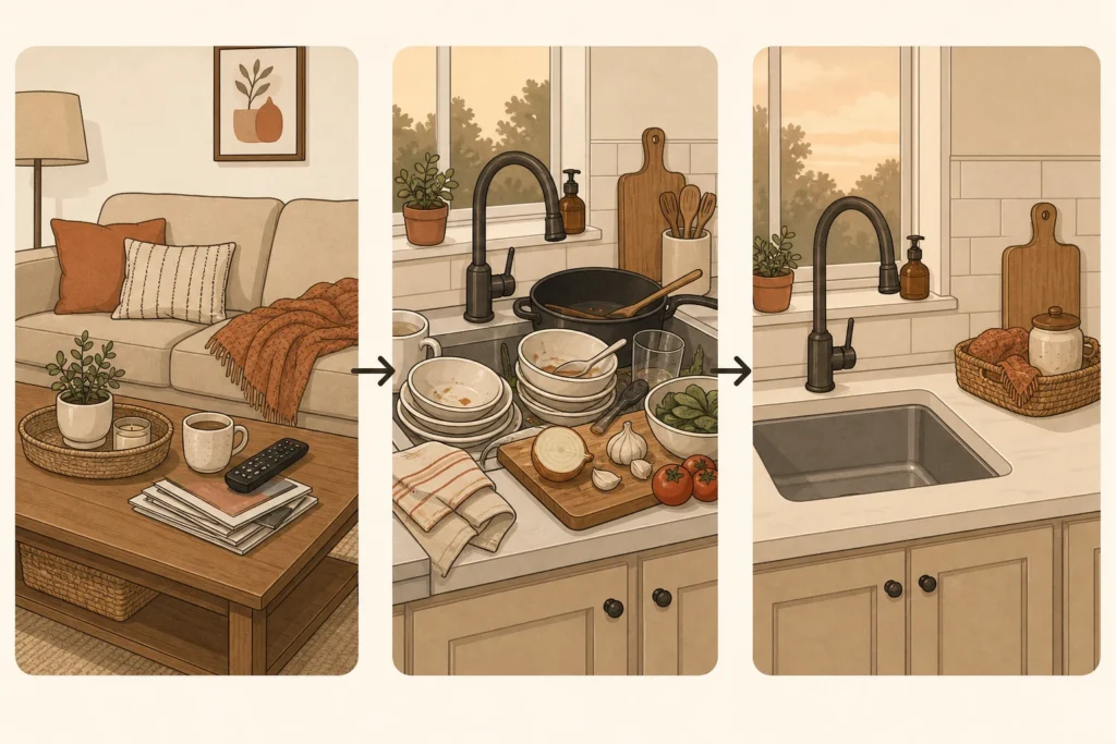 Three panels show living-room clutter, a kitchen sink blocking meal preparation, and a small sink and prep area restored while other clutter waits.