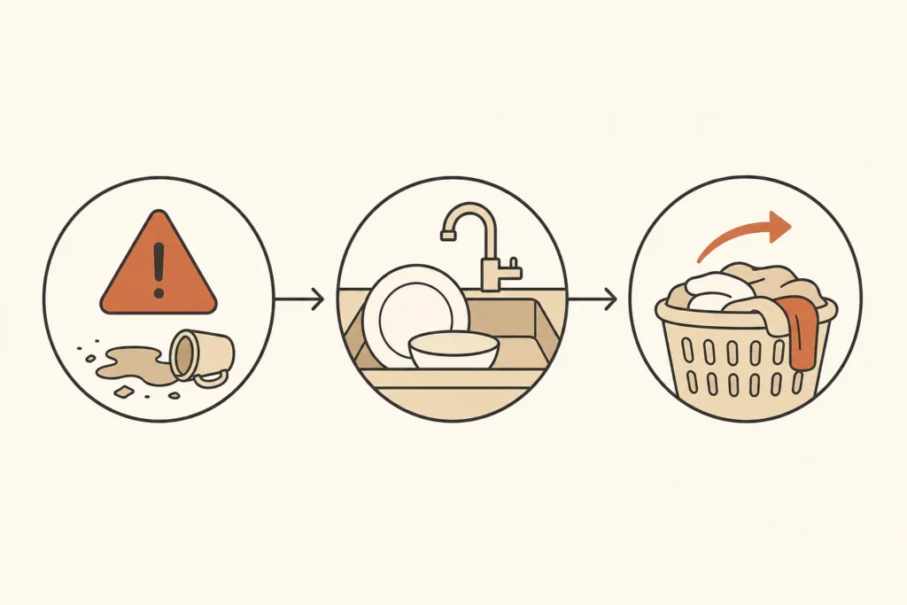 A three-part decision flow shows immediate issues, the next household use, and delays that create more work.