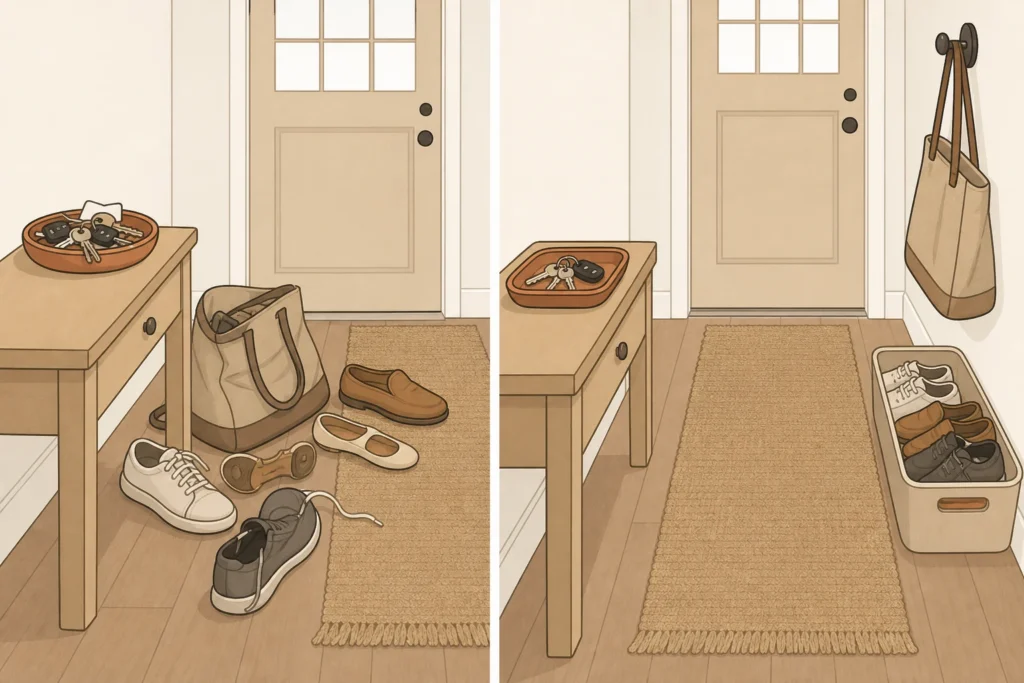 An entryway changes from a blocked route with scattered belongings to a clear path with shoes, bag, and keys accessible.