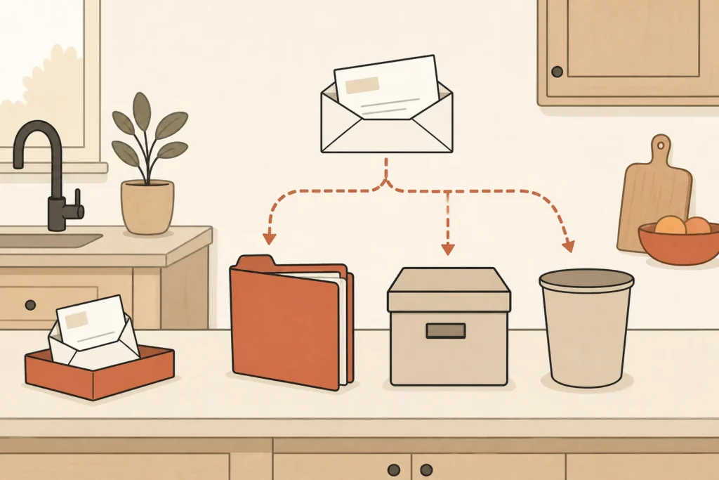 An incoming envelope routed to an action folder, protected document box, or disposal bin.