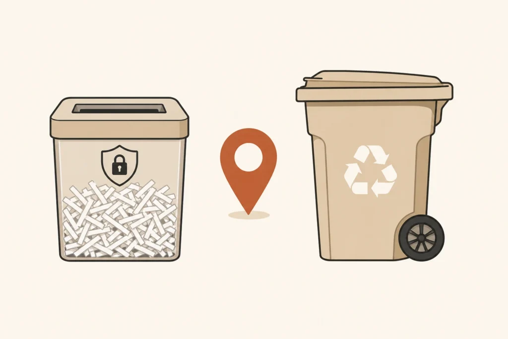 Securely destroyed sensitive paper and a recycling cart shown as separate disposal decisions.