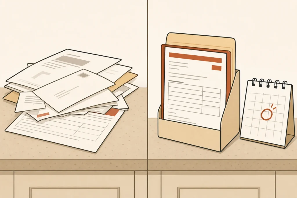 A deadline form buried in mixed mail compared with the form standing visibly beside a calendar reminder.