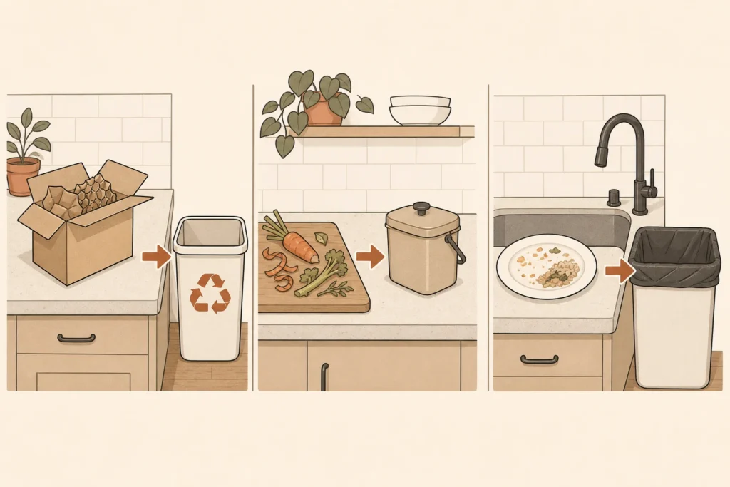 Packaging, vegetable scraps, and plate waste move directly into reachable containers instead of pausing on the counter.