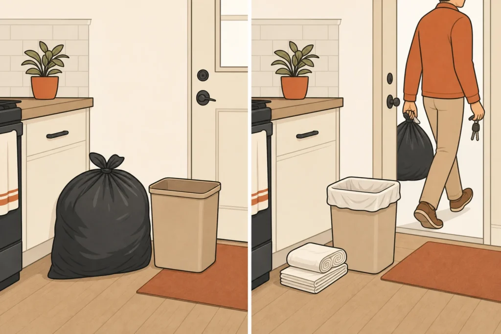 A tied bag waits beside an unlined container, compared with a relined container and a bag leaving during a normal departure.