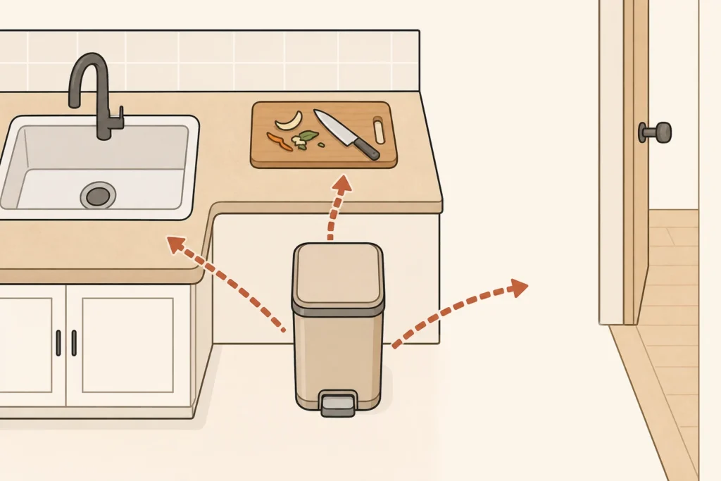 A waste container sits within reach while leaving clear paths to the sink, prep counter, and doorway.