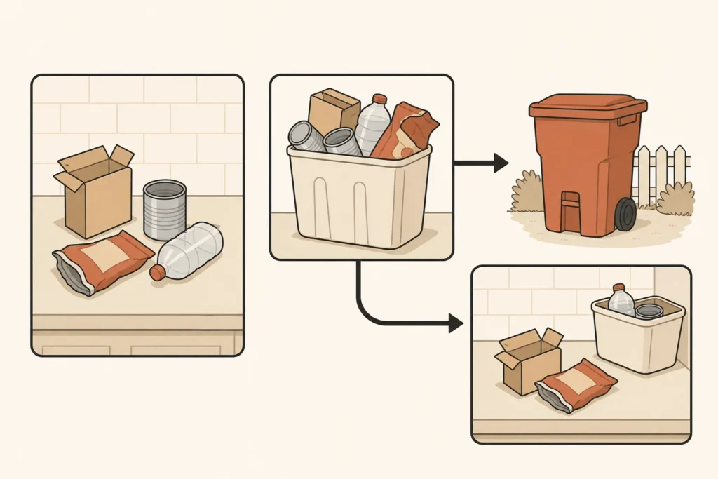 An overfull container points to capacity or removal timing, while a partly empty bypassed container points to access friction.