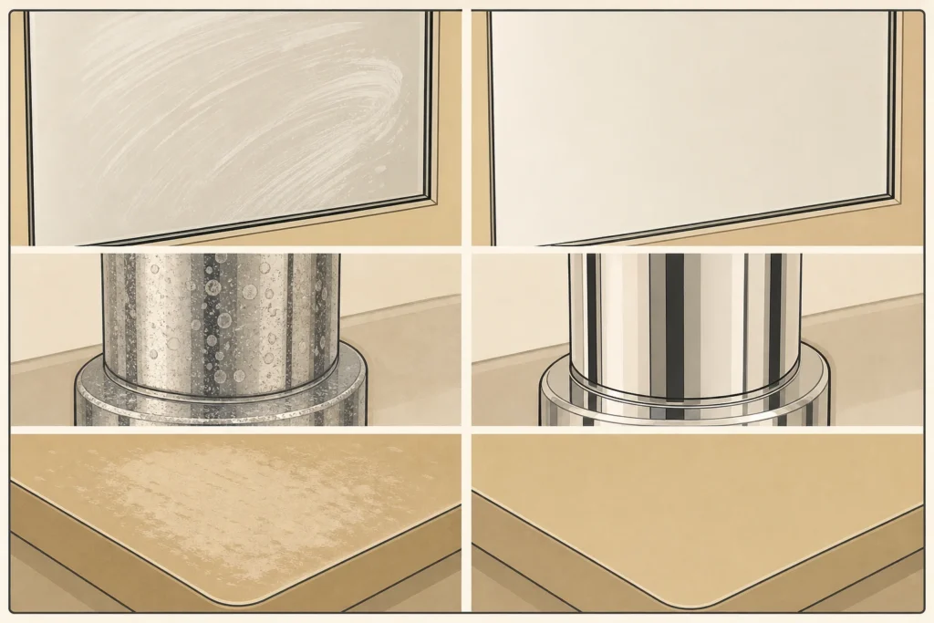 Close-up surface textures representing a wipe smear, mineral spotting, and finish wear.