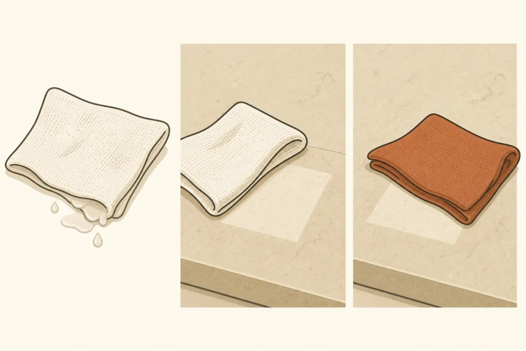 Three panels showing a damp clean cloth, a small surface wipe, and a separate dry cloth.