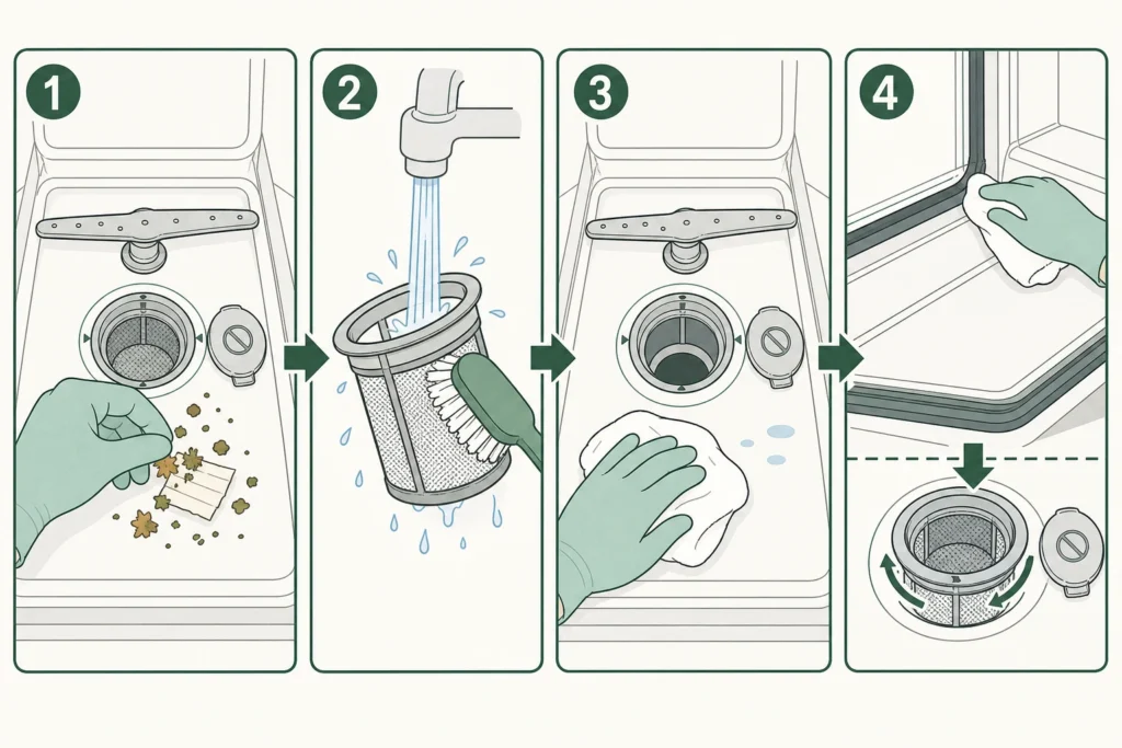Dishwasher cleaning sequence showing debris removal, filter washing, lower tub wiping, and gasket cleaning.