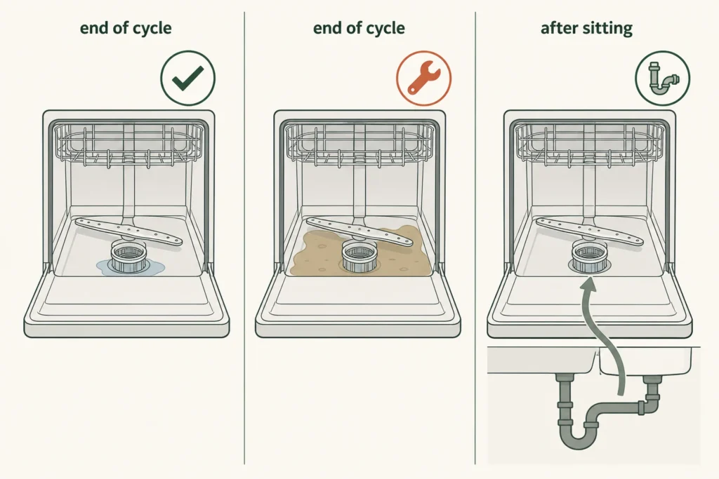 Comparison of localized filter well water, dirty water left after a cycle, and water returning after the dishwasher sits.
