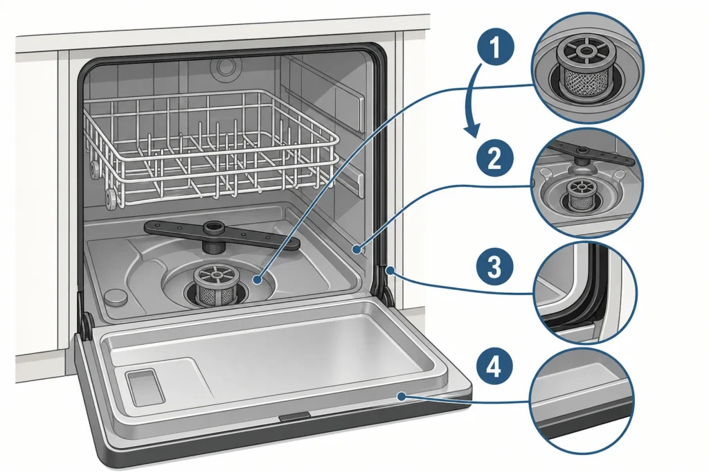 Simplified open dishwasher diagram showing the filter, lower collection area, door gasket, and lower door edge in cleaning order.