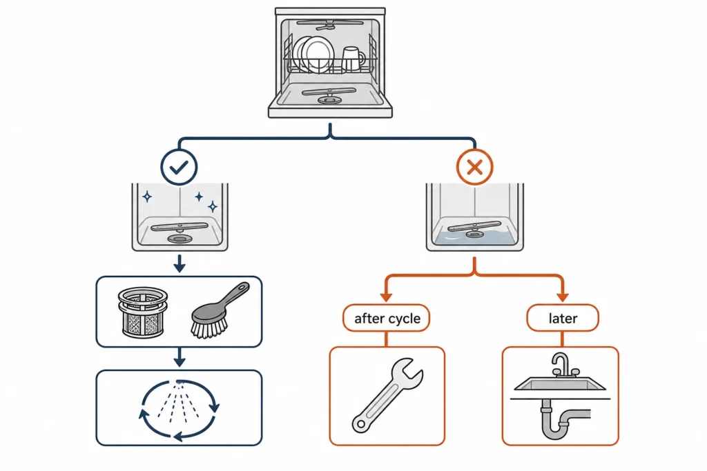 Decision flow showing when dishwasher odor calls for cleaning and when standing water points to service or plumbing.