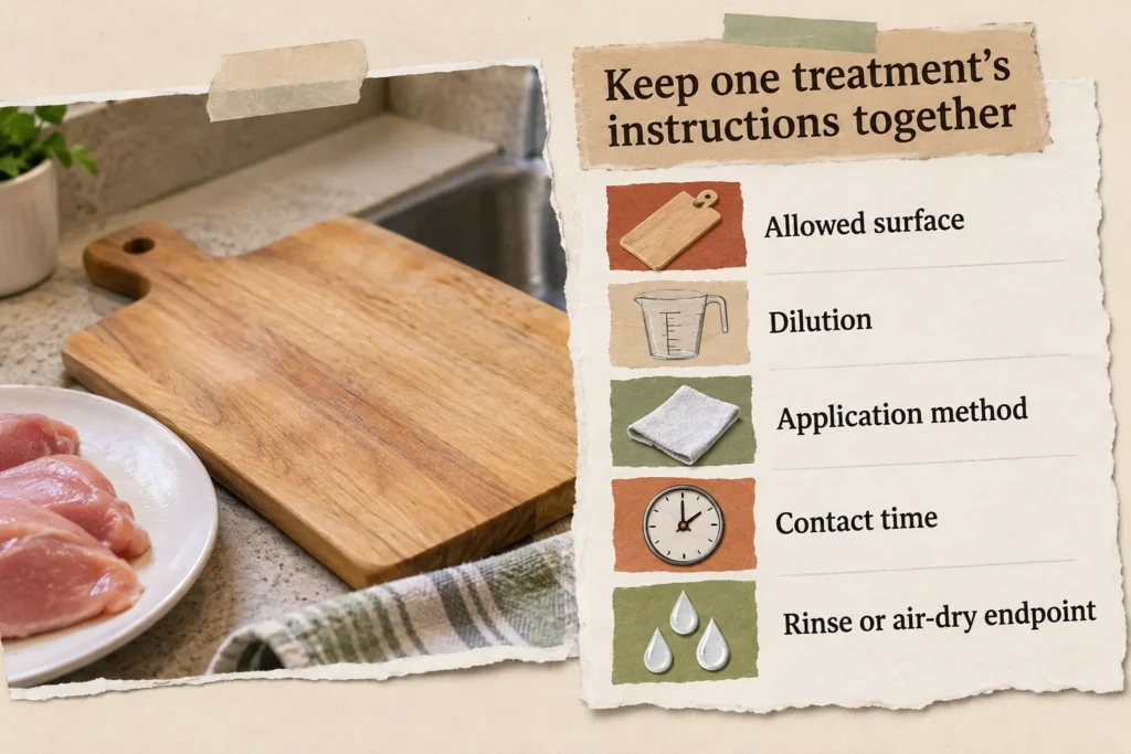 Five sanitizer instructions to match: allowed surface, dilution, application method, contact time, and finishing requirements.