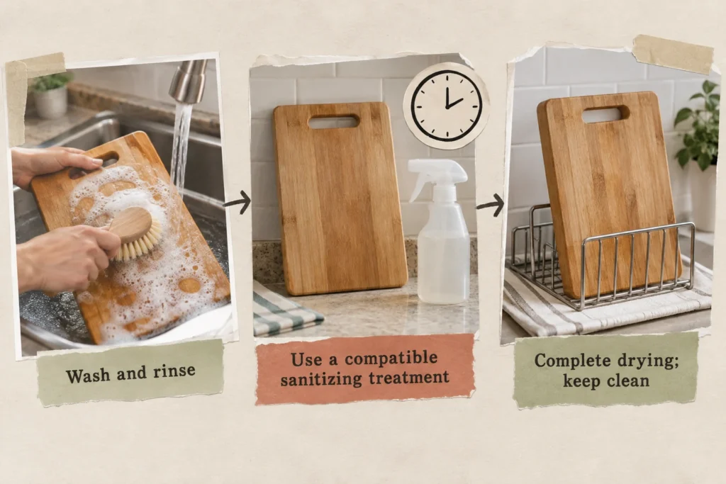 Three-part cutting-board care cycle: wash and rinse, apply a compatible sanitizing treatment, and finish drying in a clean location.