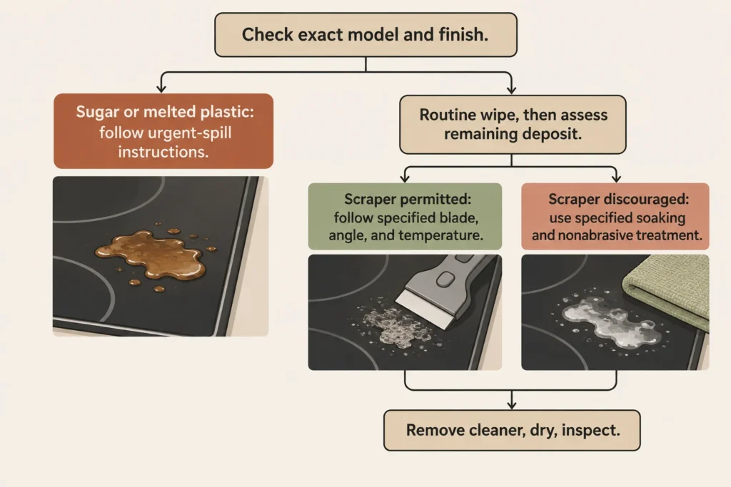 Cooktop cleaning decision diagram separating urgent spills, routine wiping, and permitted deposit-removal methods.
