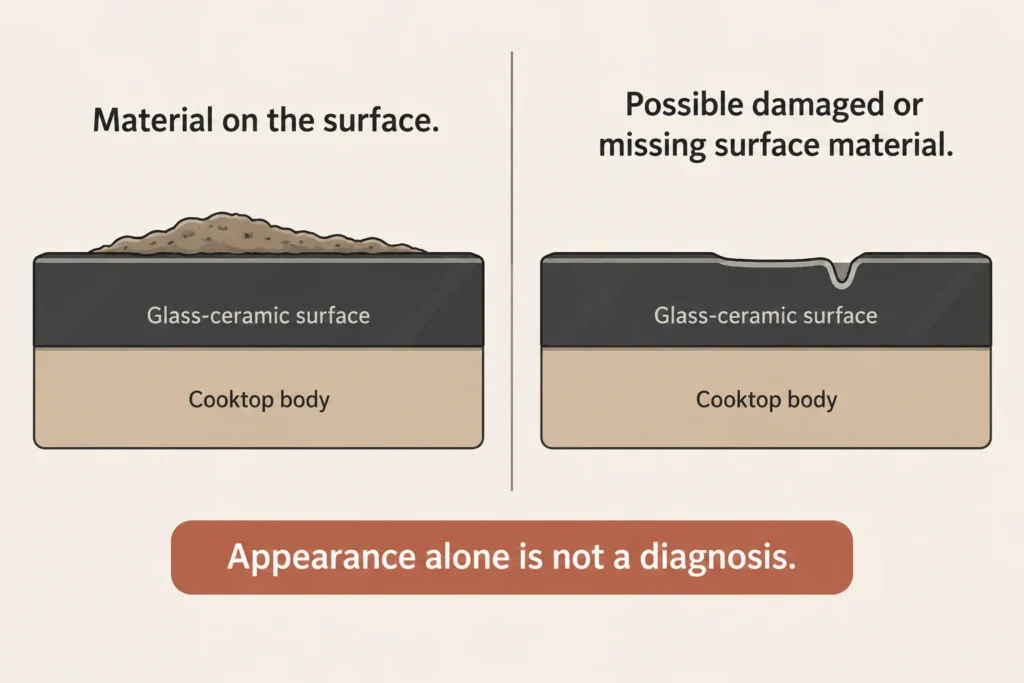 Conceptual cross-sections comparing a deposit on intact glass-ceramic with a groove and pit in the surface.
