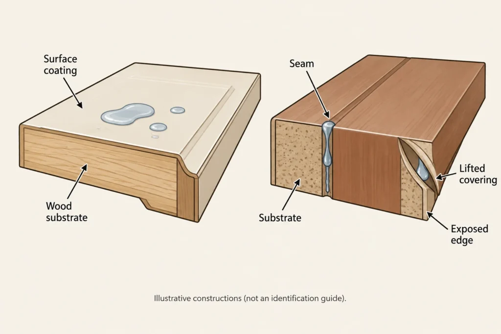Illustrative cabinet cross-sections showing liquid-entry risks at seams, exposed substrate, and lifted coverings.