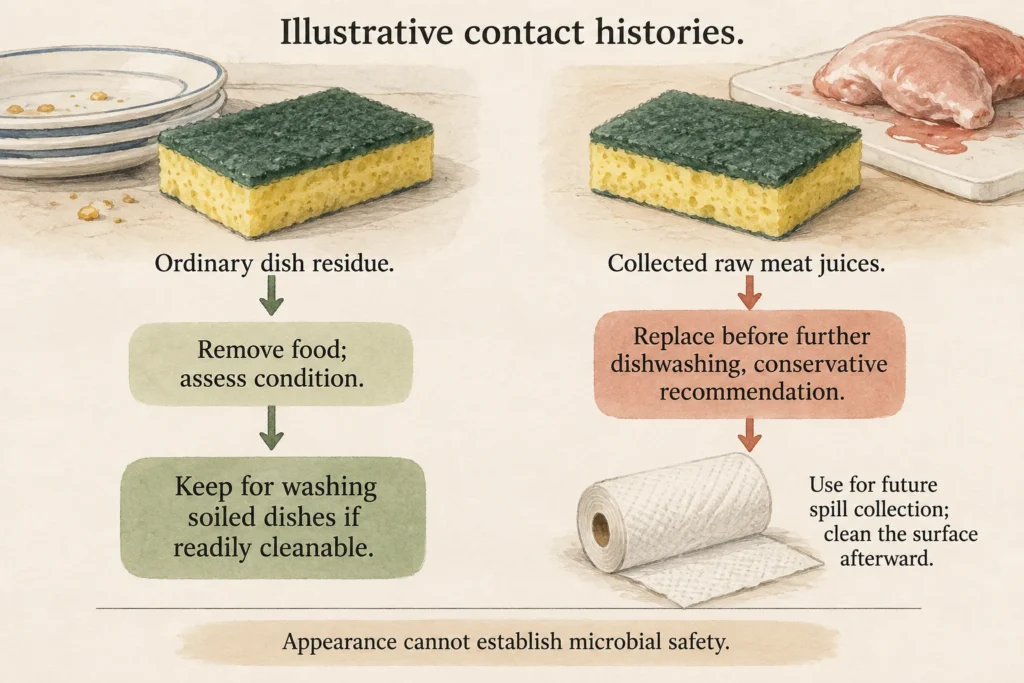Two identical-looking sponges receive different reuse recommendations based on ordinary dish residue or known raw-meat-juice contact.