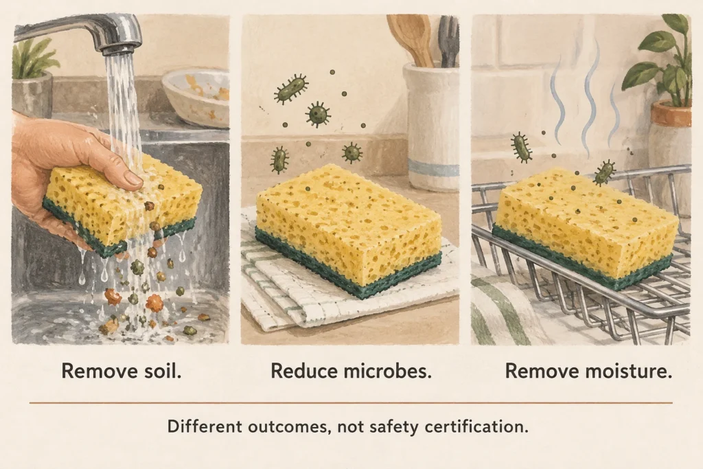 Three parallel diagrams distinguish removing food, reducing microorganisms, and drying a sponge.
