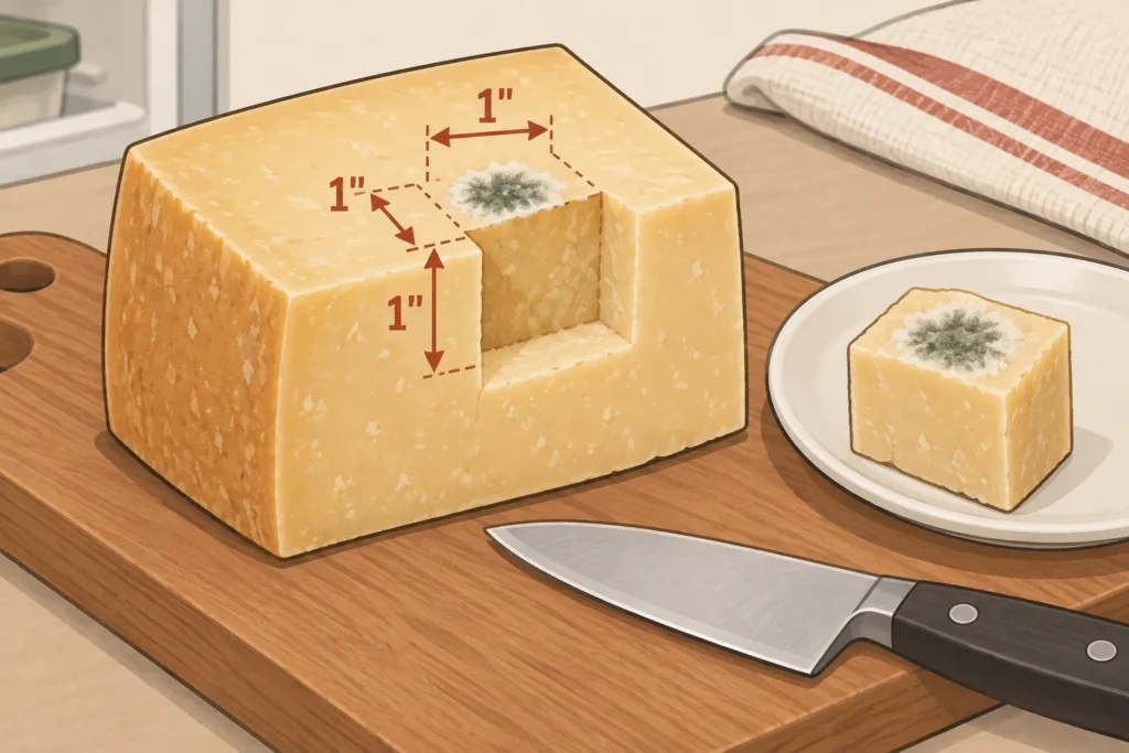Hard cheese cutaway showing a trimming margin of at least 1 inch around and below a mold spot.
