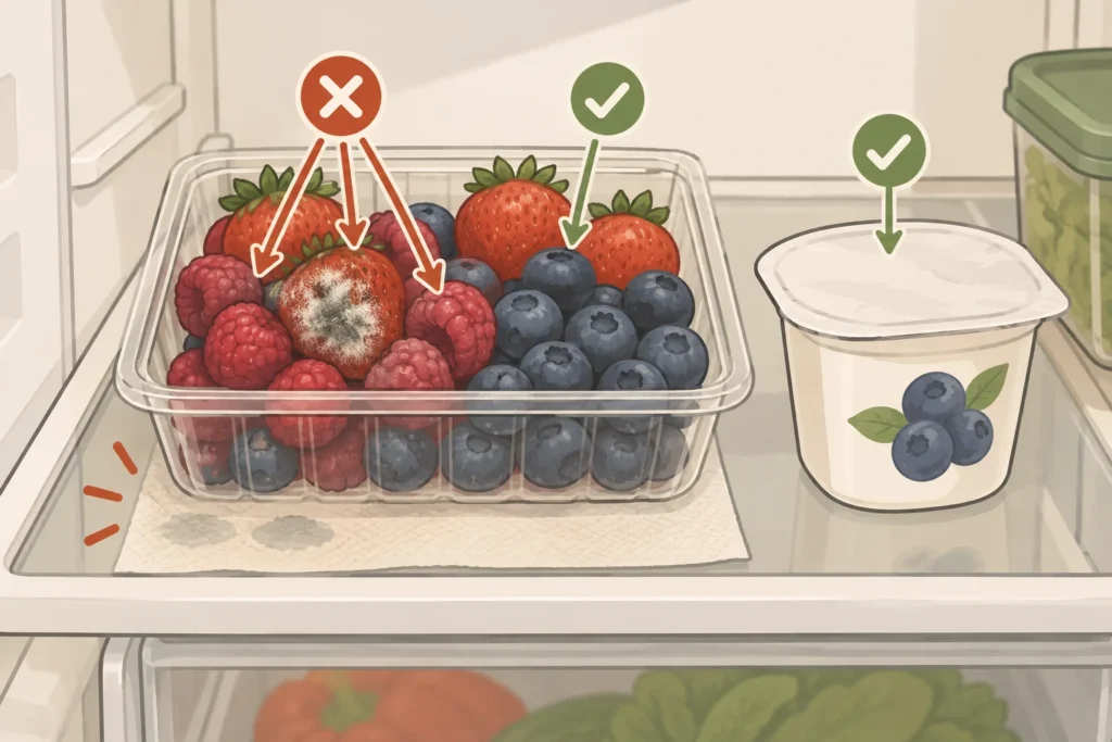 Berry container showing moldy and directly touching fruit for disposal, remaining fruit for inspection, and a separate closed yogurt package.