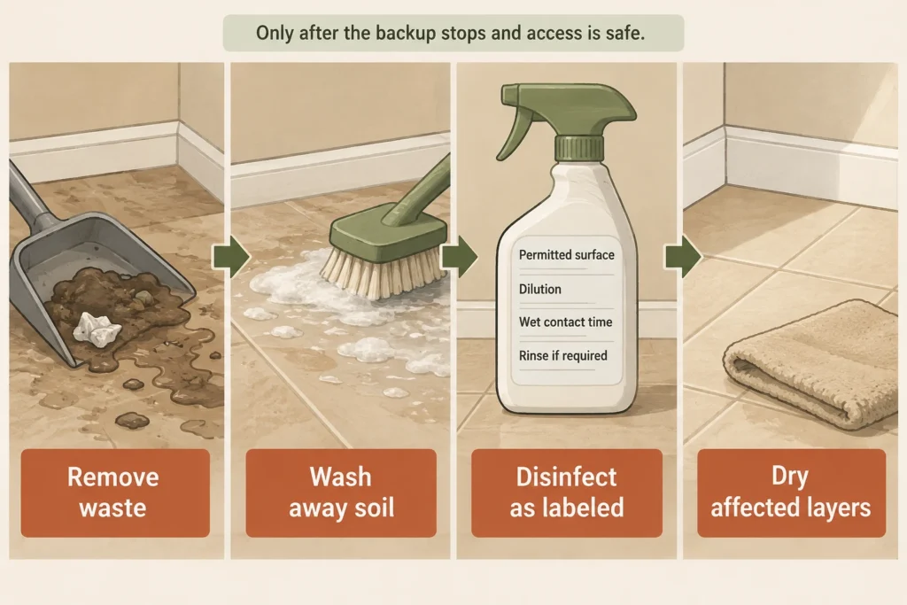 Four-part sequence showing waste removal, washing, label-directed disinfection, and drying.