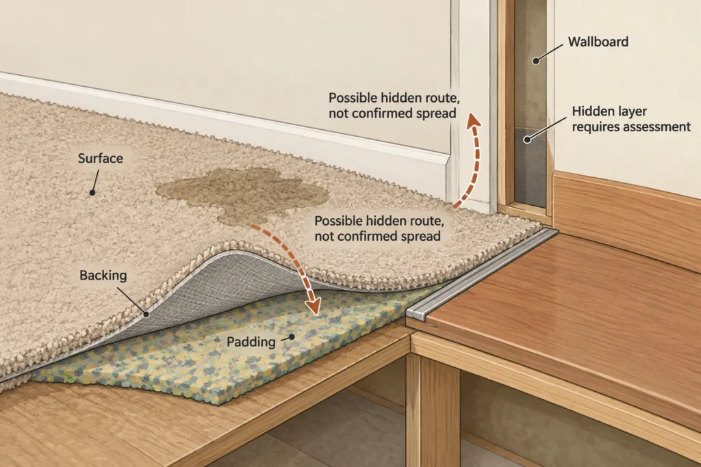 Cutaway showing possible wastewater routes into carpet padding, flooring seams, and a wall base.