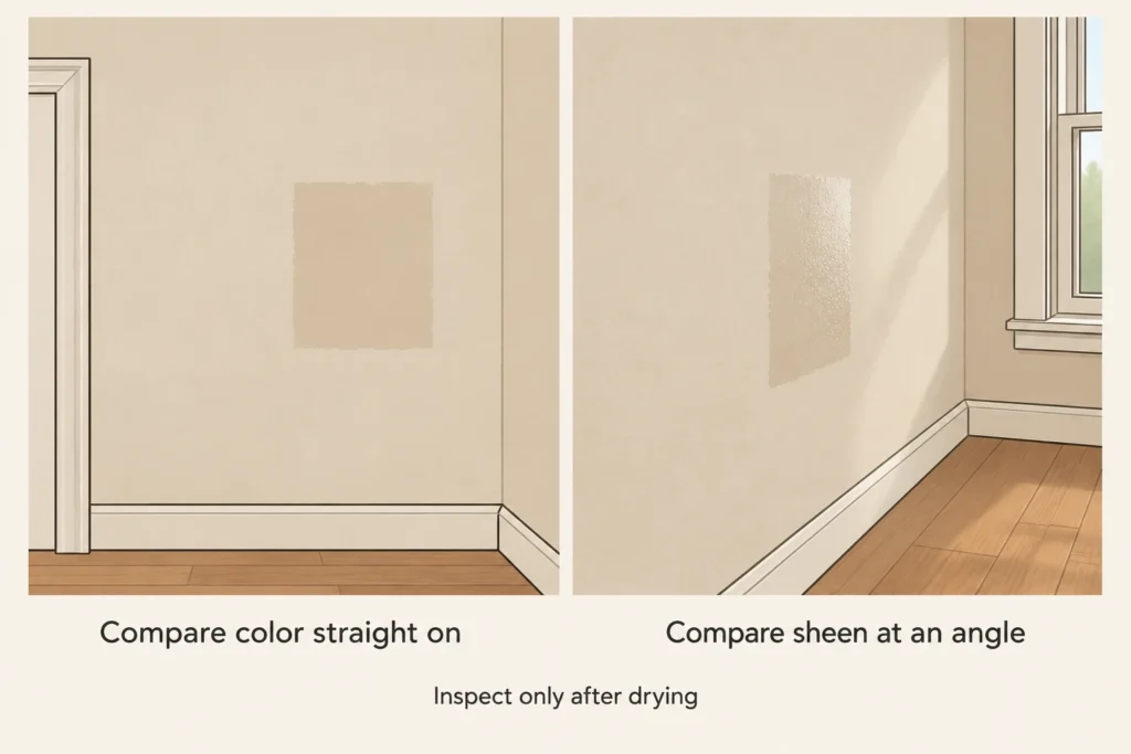 Straight-on and angled viewing positions for checking the color and sheen of a dry painted-wall test.
