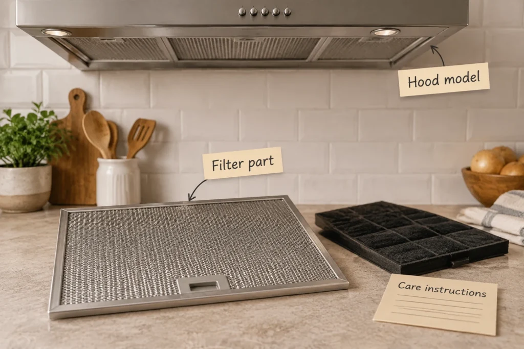 Dry range hood filter and separate odor media with reminders to check the model, part number, and care instructions.