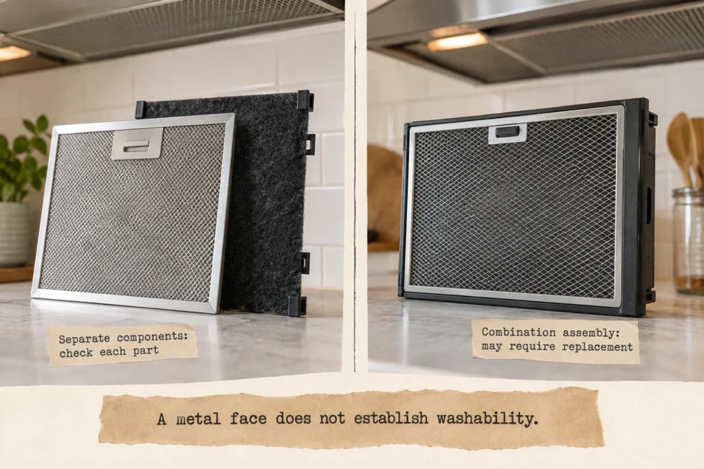 Separate charcoal pad behind mesh compared with an enclosed metal-and-charcoal combination cartridge.