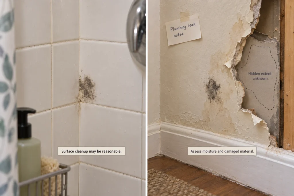 Equal-sized mold patches on intact tile and a leak-damaged wall call for different responses.