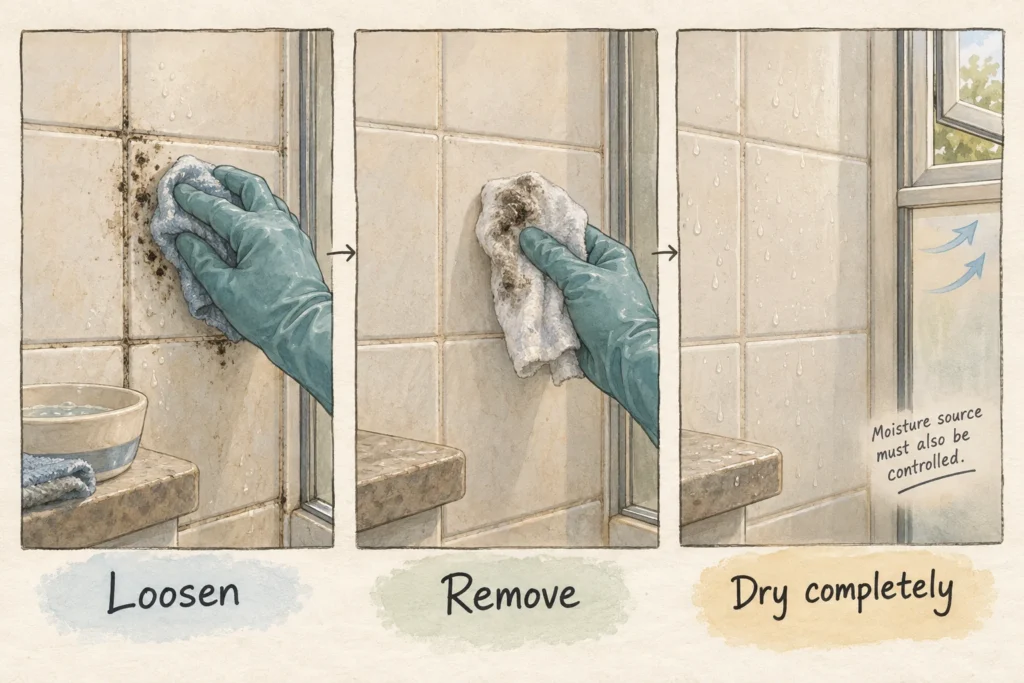Detergent loosens surface growth, a clean cloth removes it, and the hard surface is dried completely.