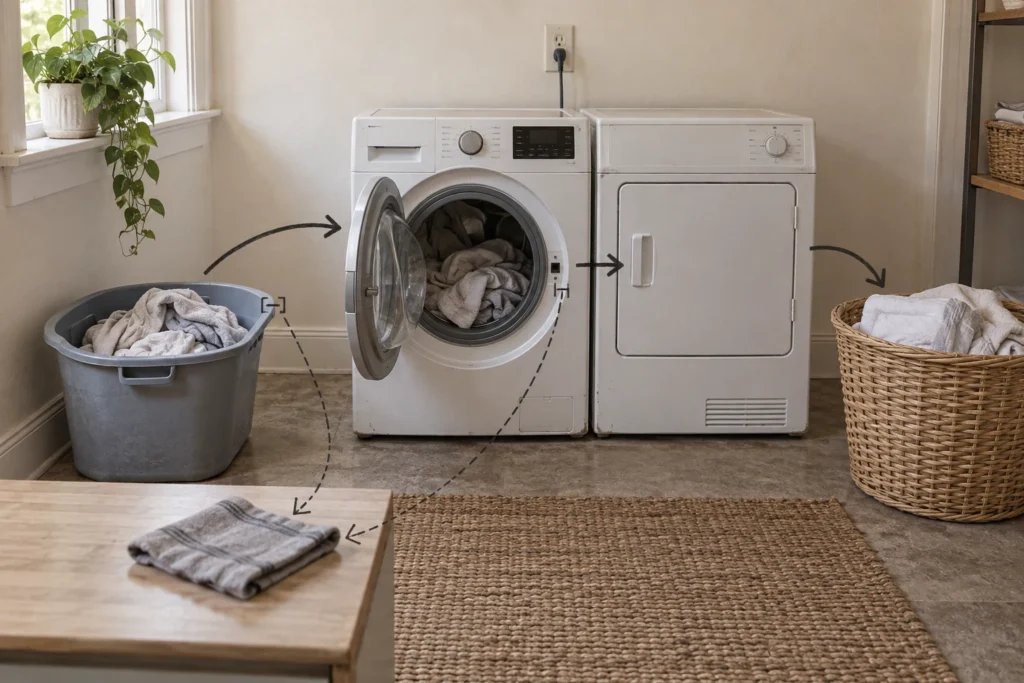 Contained laundry moving through washing and drying, with contacted surfaces shown as a separate cleanup task.