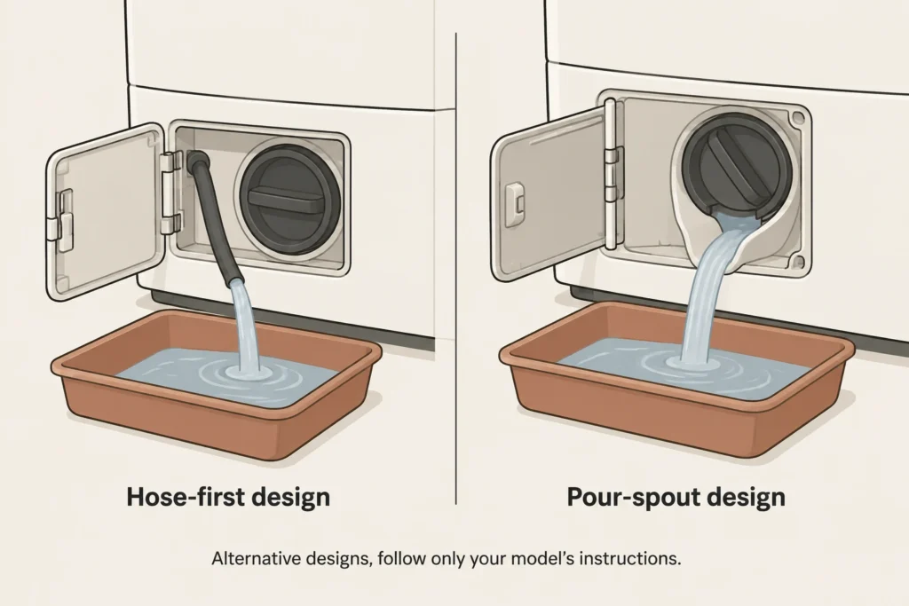 Two alternative washer cleanout designs: drainage through a small hose and drainage through a filter opening with a pour spout.