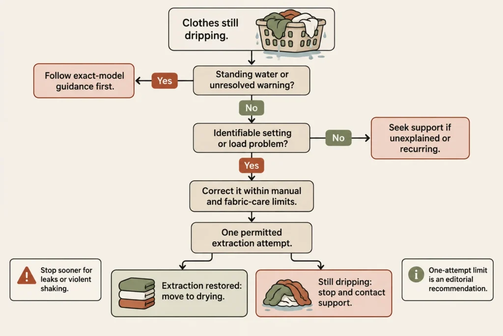 Decision flow allowing one extraction attempt after a permitted correction and directing persistent soaking to support.