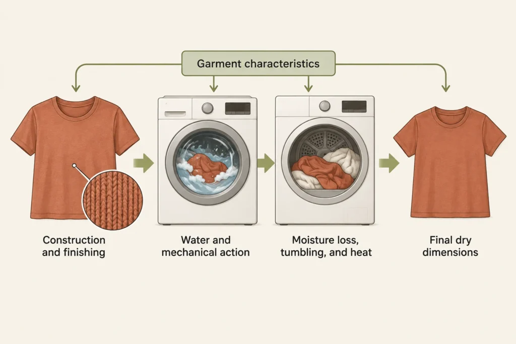 Diagram showing how garment construction, washing, and drying can contribute to final dry dimensions.