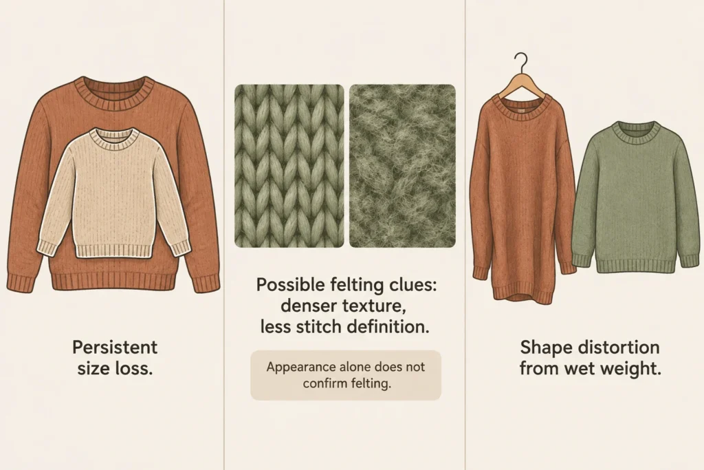 Comparison of lasting size loss, dense wool texture associated with felting, and a sweater distorted by hanging while wet.