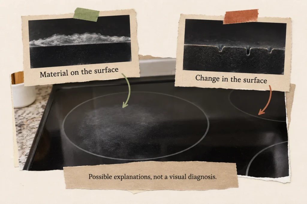 Conceptual cross-sections comparing a deposit on glass-ceramic with grooves in the surface.