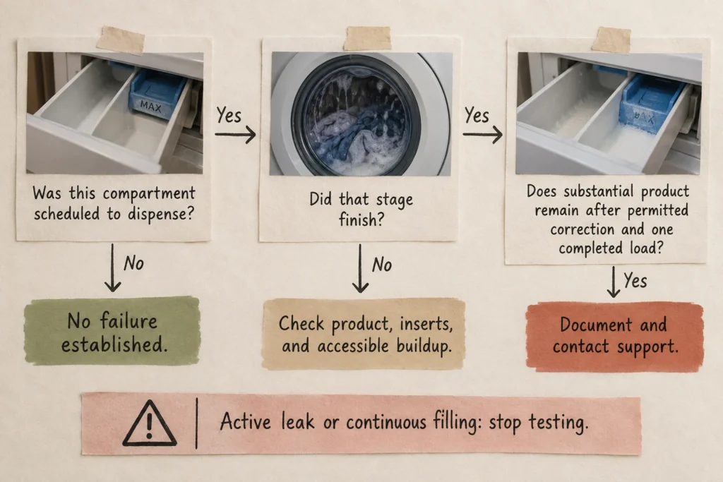 Decision flow linking dispensing timing, permitted corrections, and persistent retained product to the next action.